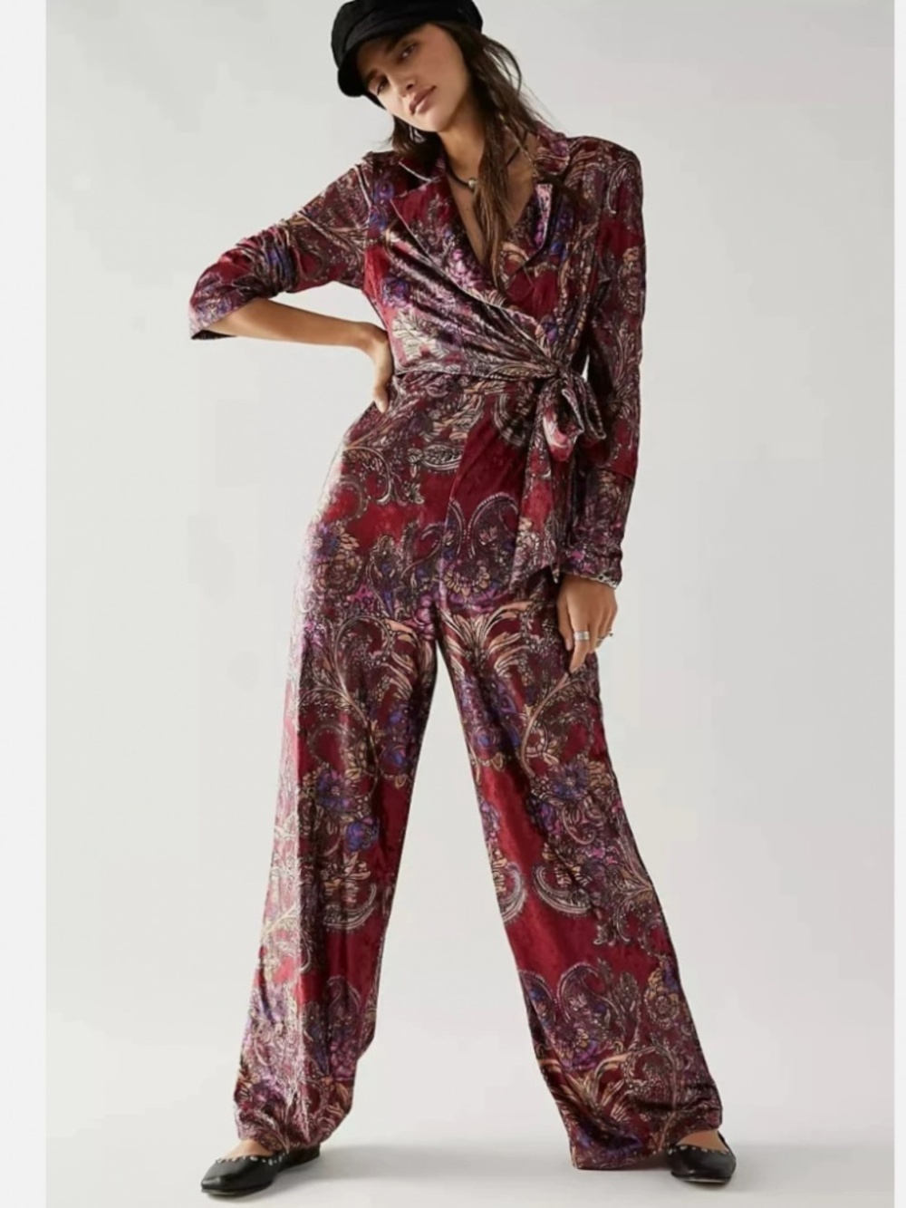 Free People Delphine Paisley Printed Velvet Jumpsuit Bohemian Size S NWOT
